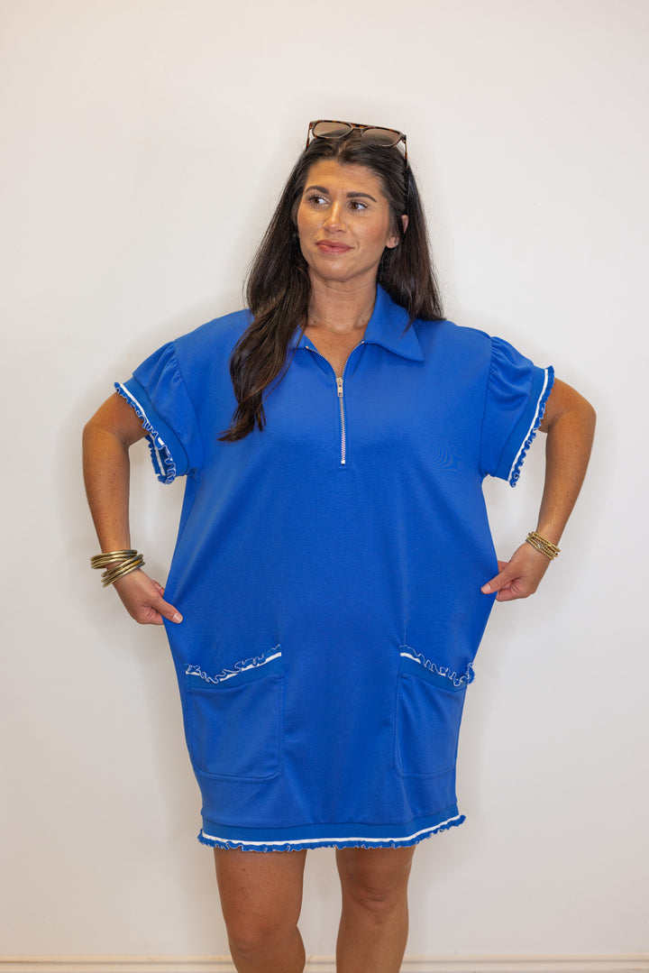 royal blue ruffle sleeve shirt dress