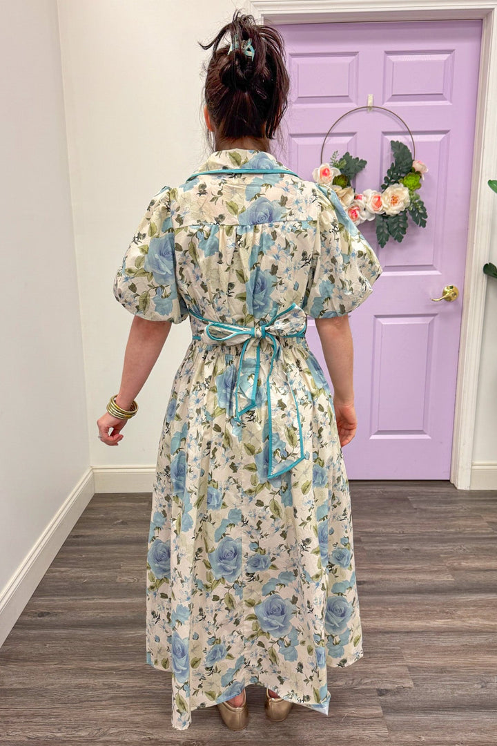blue and cream floral print puff sleeve back tie midi dress