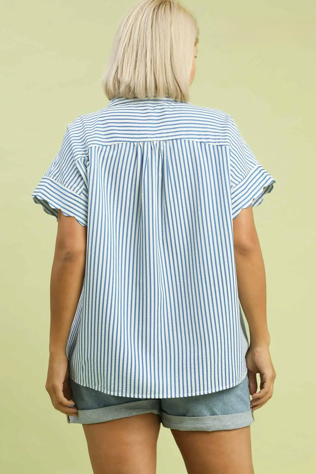 Women's Umgee blue and cream striped button down top with scalloped sleeves in plus size showing pleated back detail