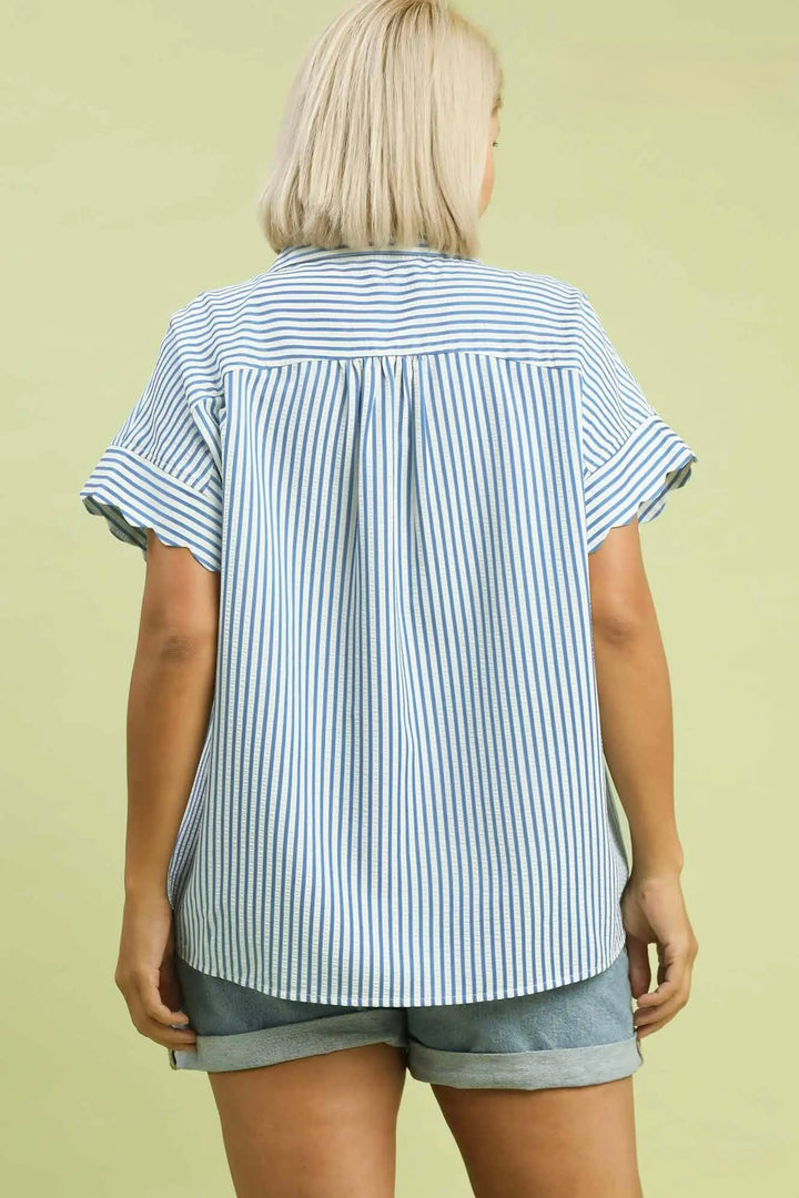 Women's Umgee blue and cream striped button down top with scalloped sleeves in plus size showing pleated back detail