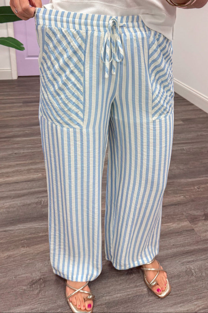 sky blue and cream striped wide leg drawstring elastic waist lightweight fabric pants