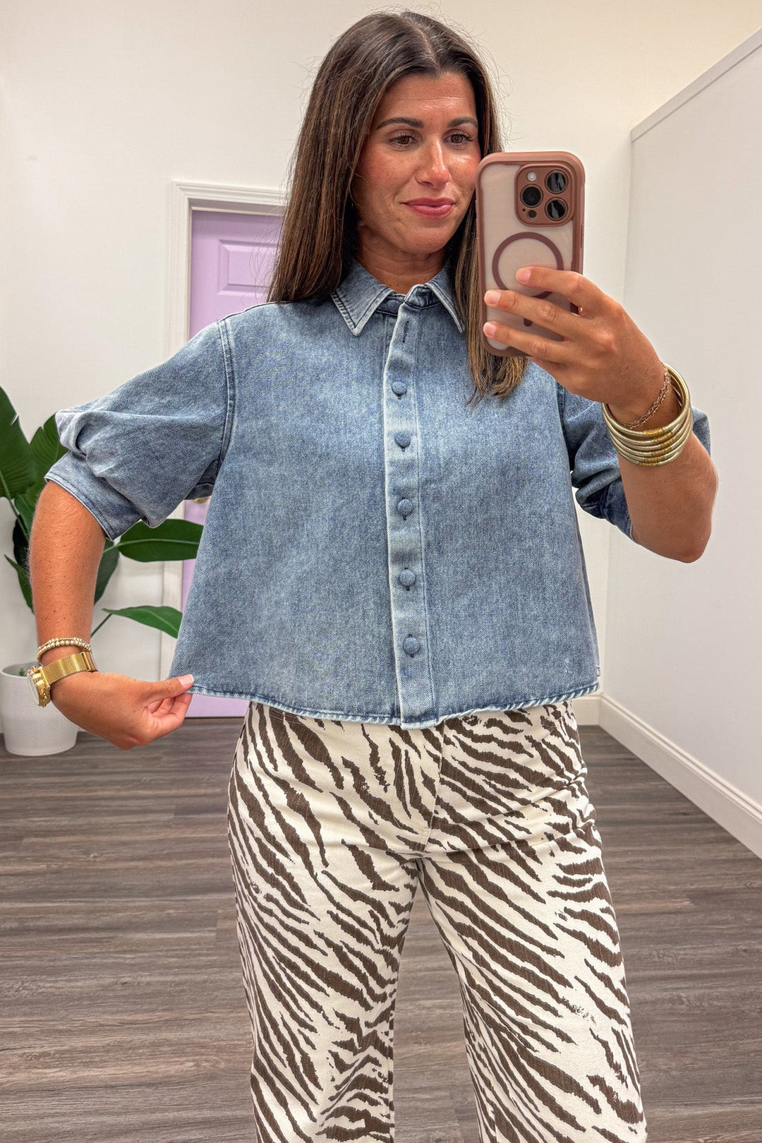 blue denim collared button front short puff sleeve semi-cropped relaxed silhouette top