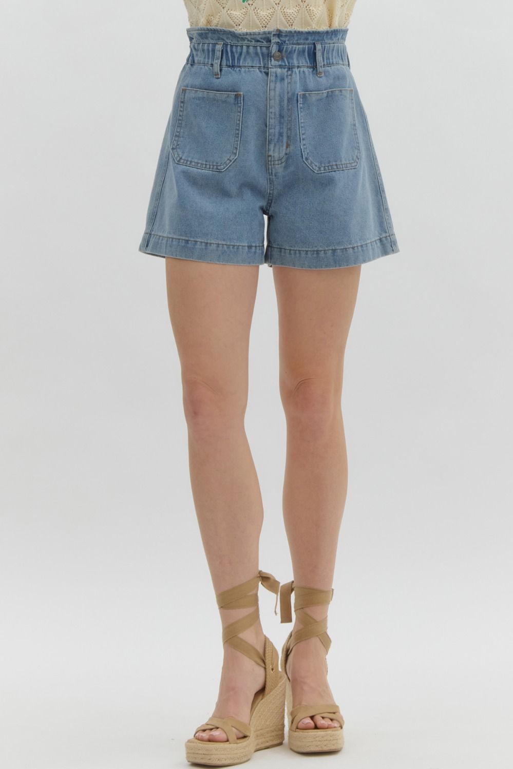 Entro Blue high rise denim shorts with ruffle trimmed waistband
