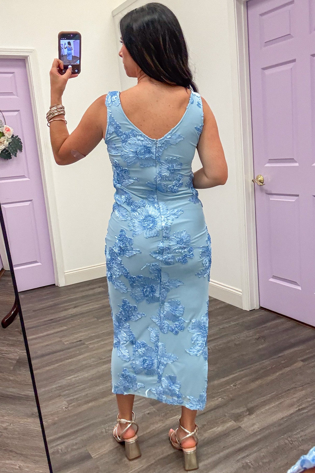 light blue with satin embroidered flowers sleeveless v back mesh midi dress