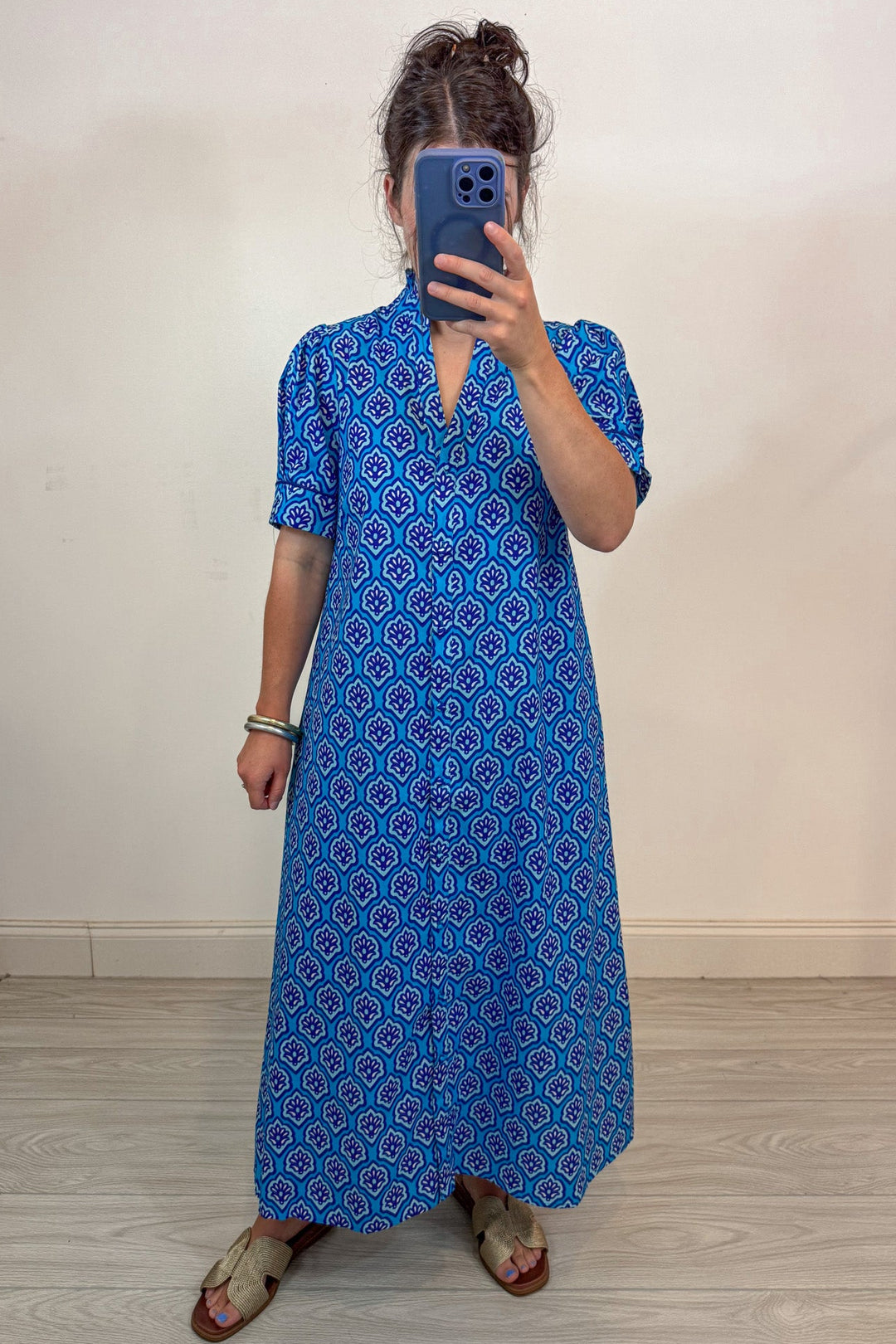 blue floral print midi dress