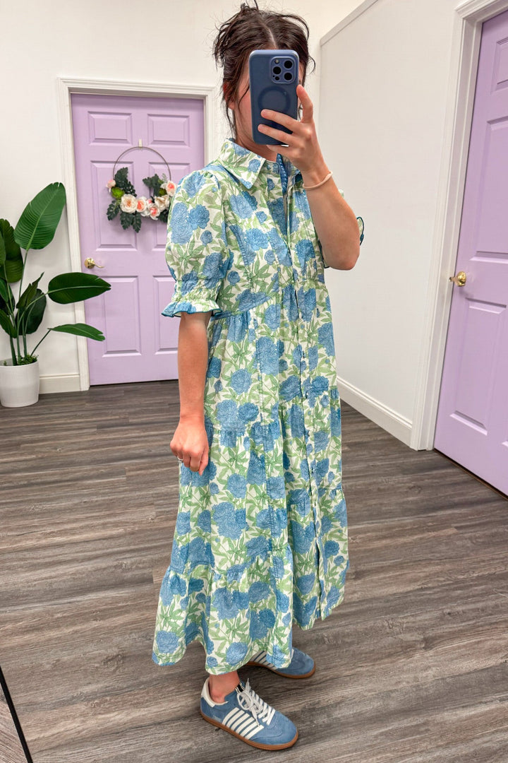 blue green and cream floral print button front smocked short puff sleeve midi dress