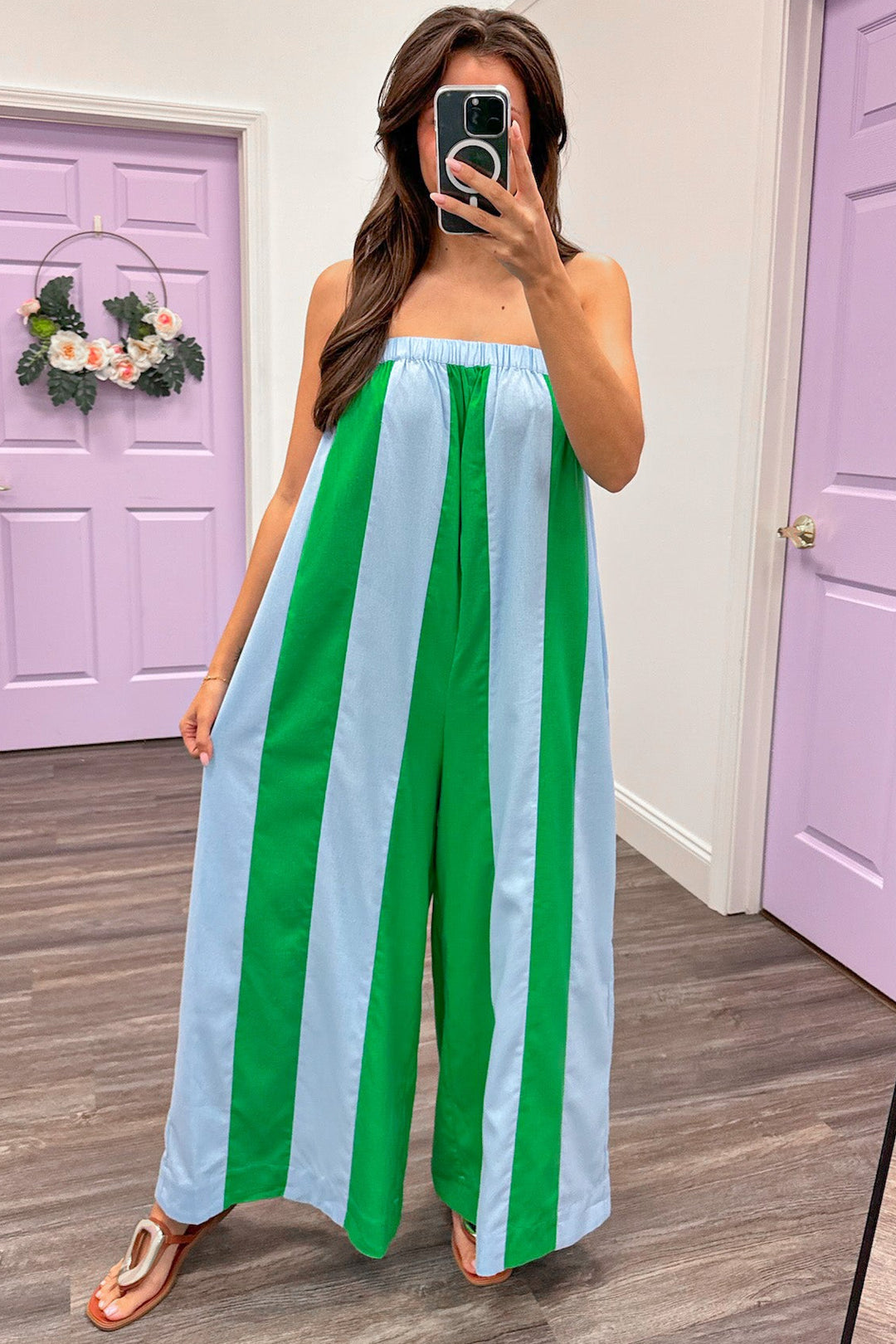 light blue and green vertical striped wide leg jumpsuit relaxed fit