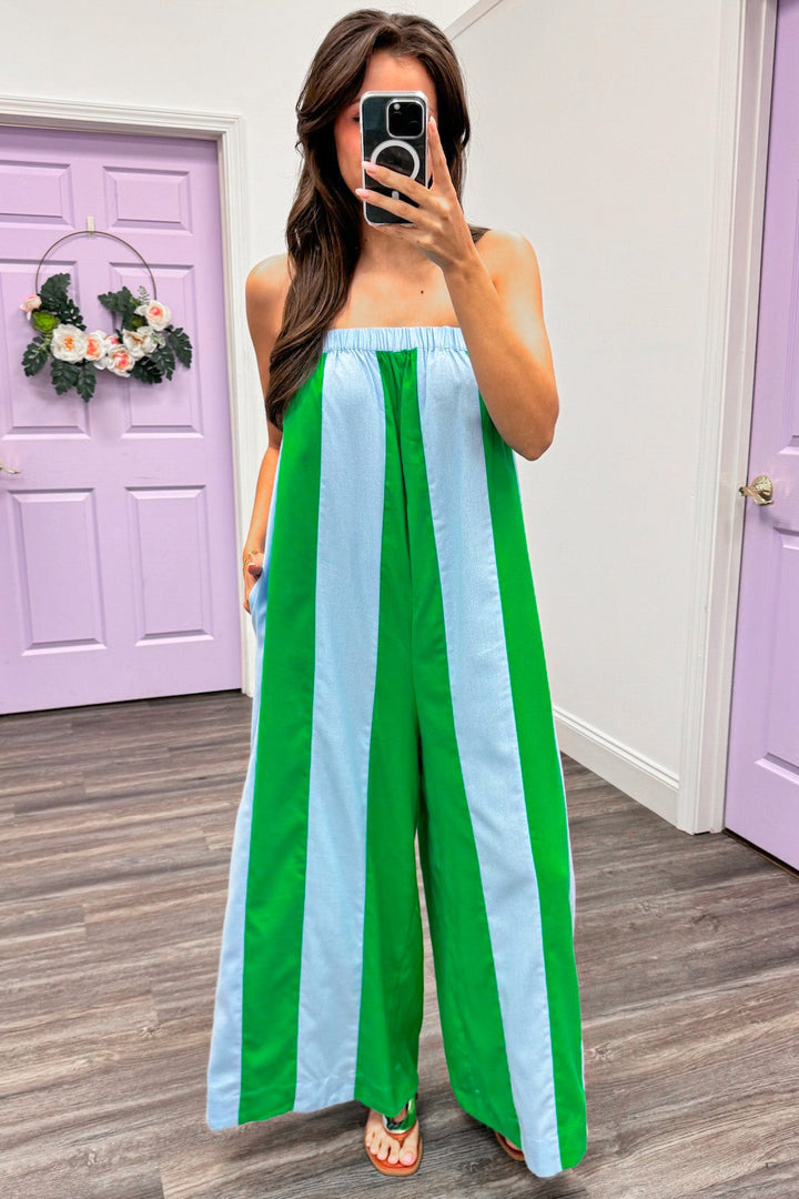 light blue and green wide vertical stripes wide leg jumpsuit