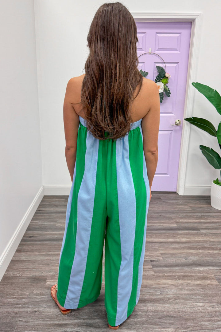 light blue and green vertical striped elastic band strapless wide leg jumpsuit