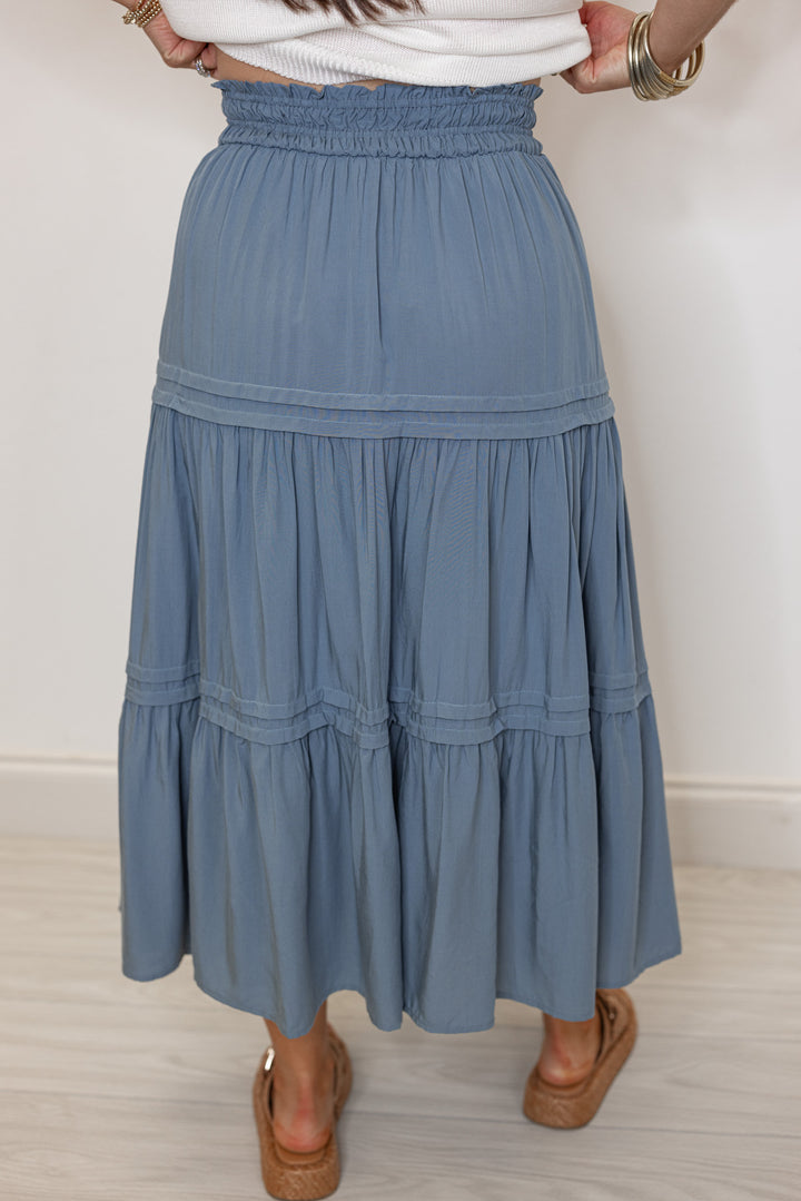 blue tiered midi skirt
