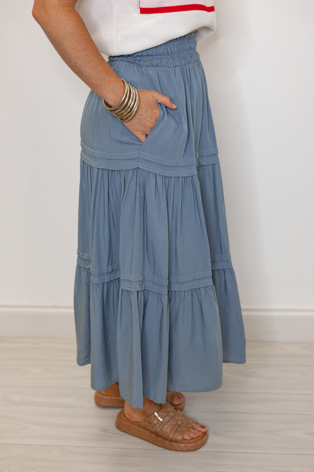 blue tiered midi skirt