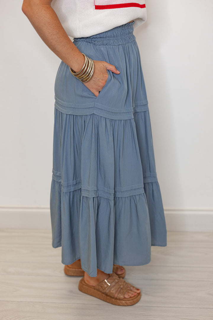 blue tiered midi skirt