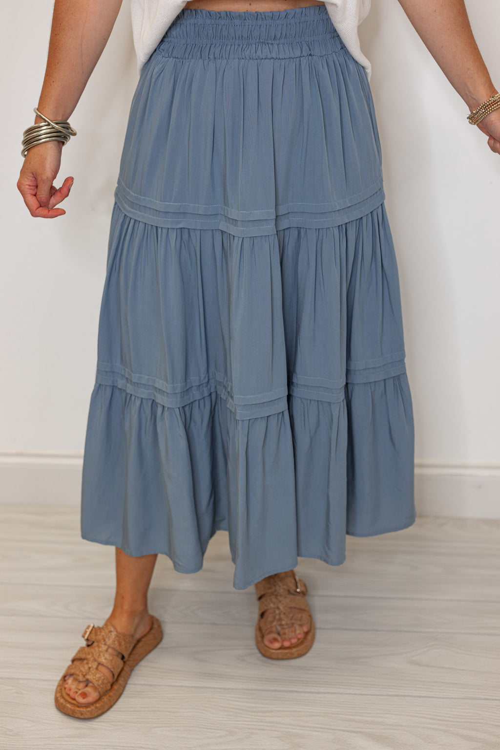 blue tiered midi skirt