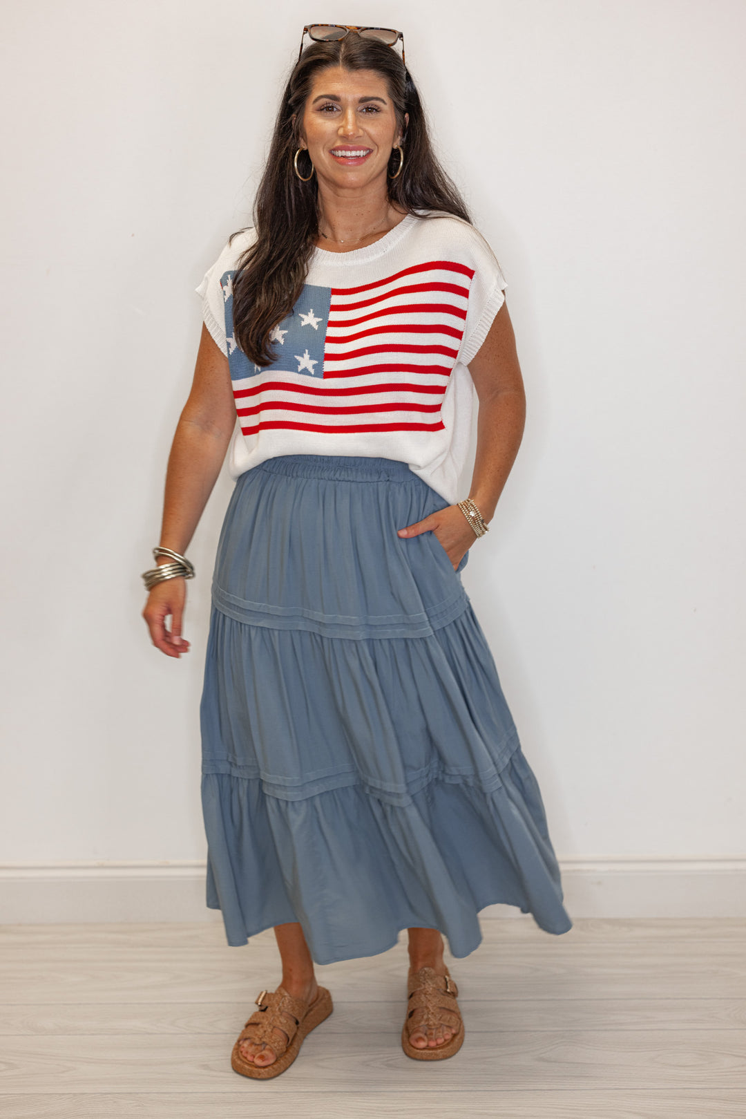 blue tiered midi skirt