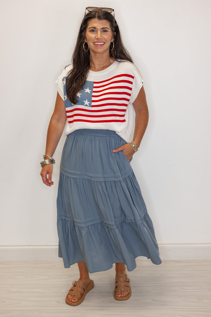 blue tiered midi skirt