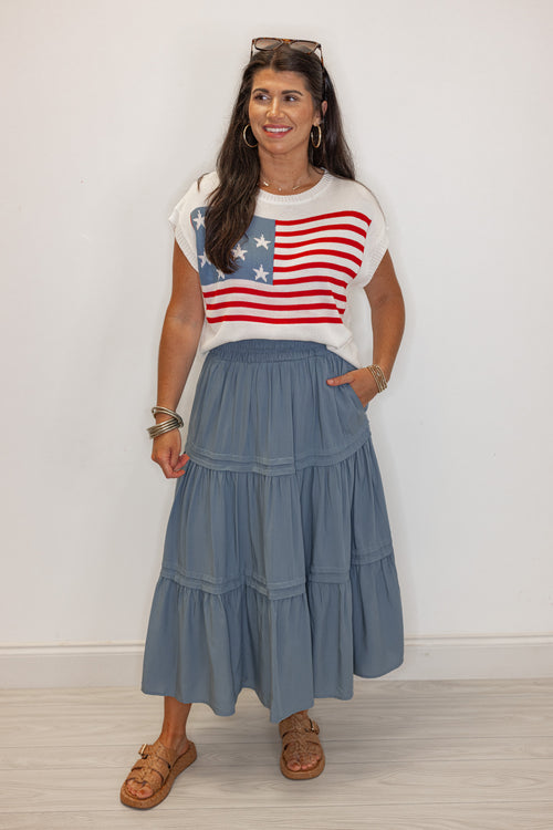 blue tiered midi skirt