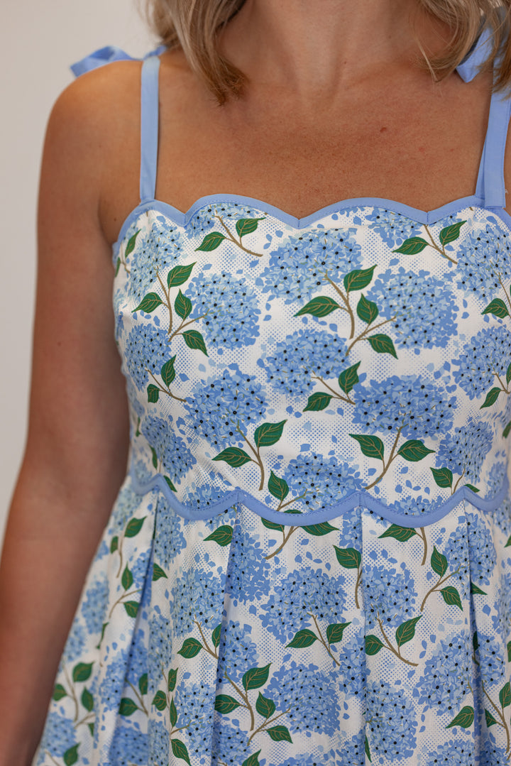 Women's blue floral scalloped summer dress by Entro showng up close front view