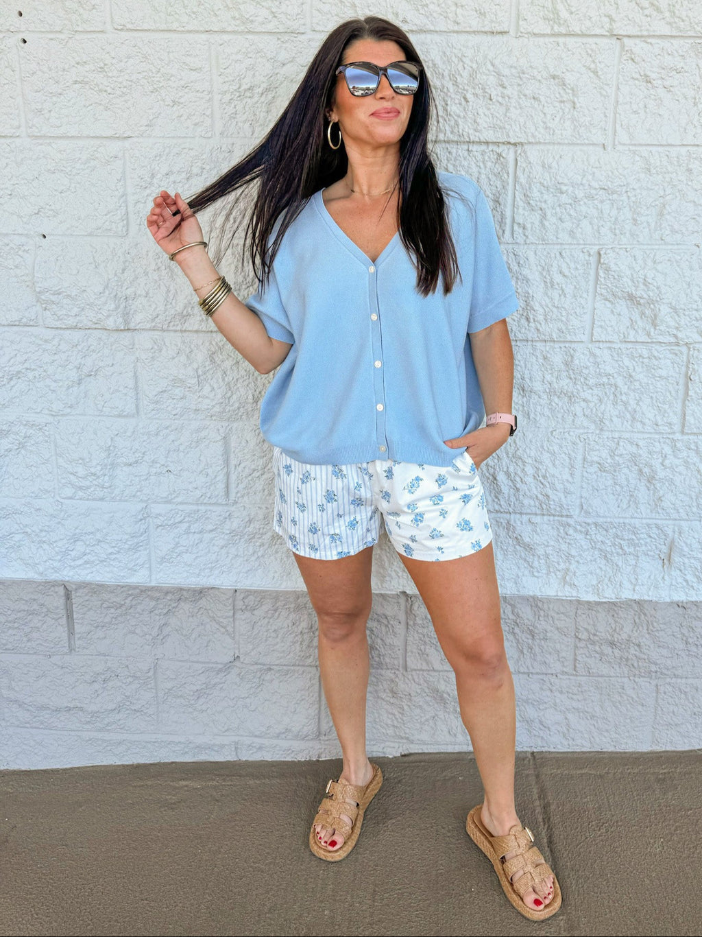 blue knit short sleeve cardigan top