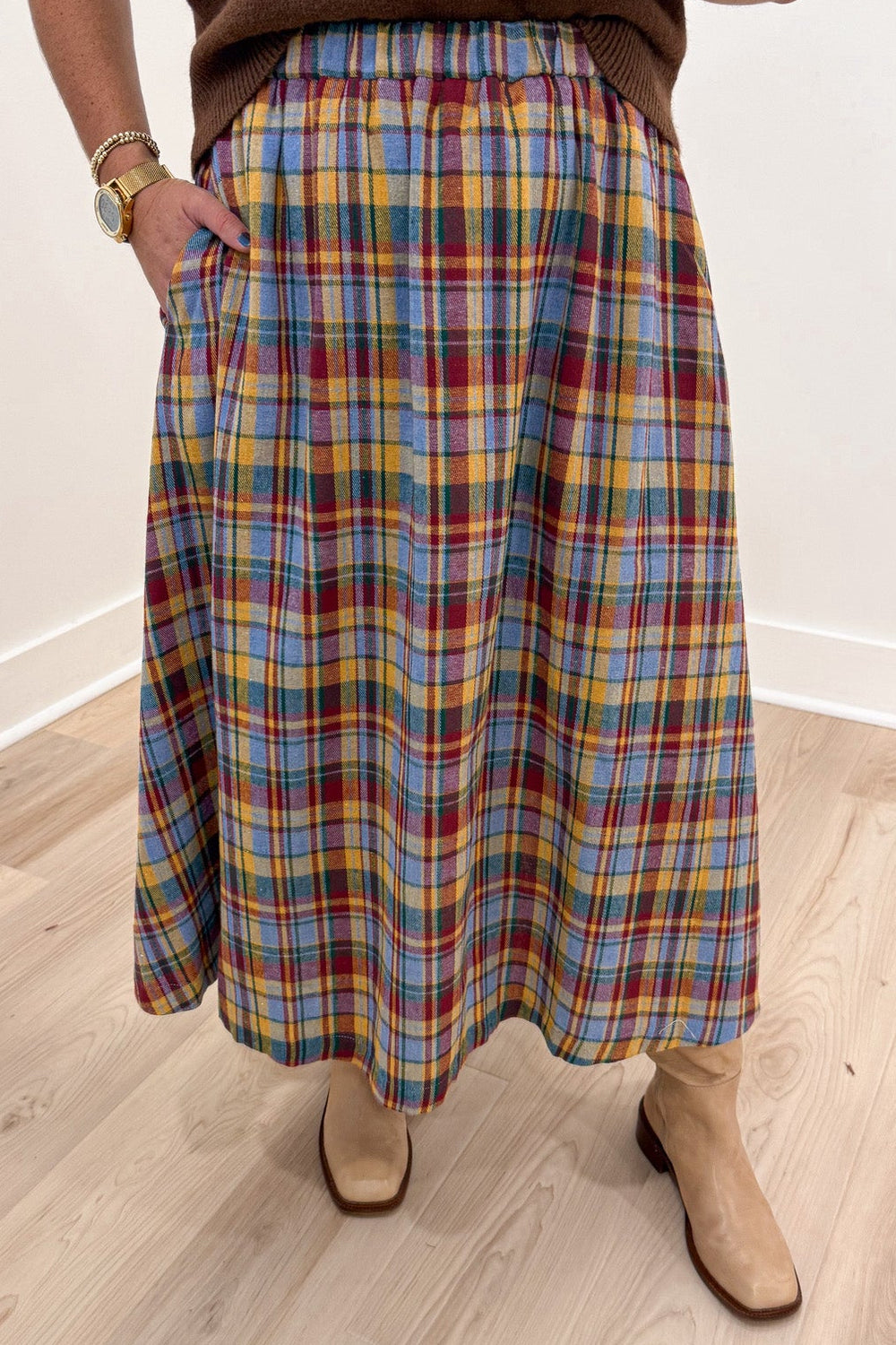 light blue mustard dark red and green plaid flannel print elastic waistband midi skirt