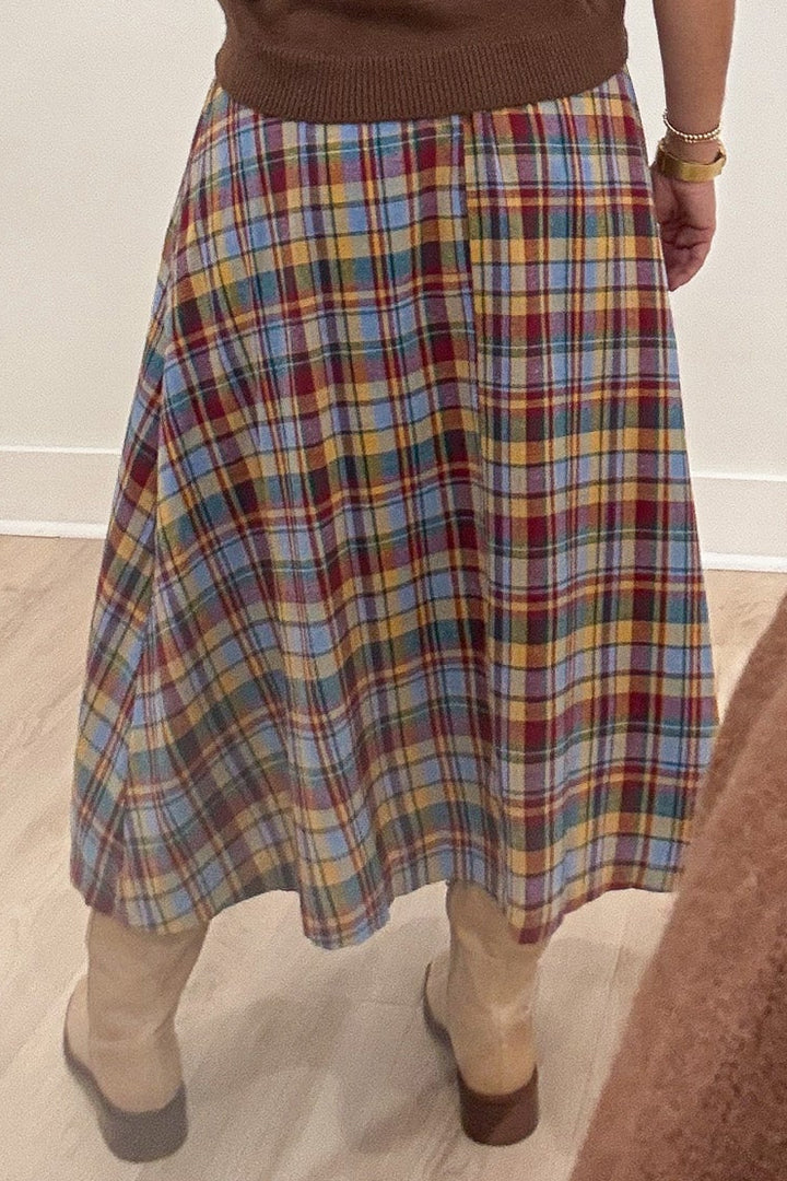 fall multicolored plaid flannel print elastic waistband flowy midi skirt