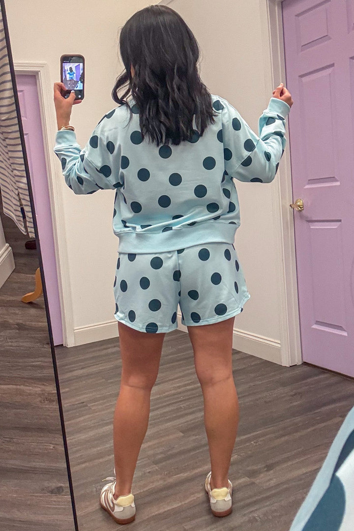 sky blue navy polka dot detail knit lounge shorts set back view