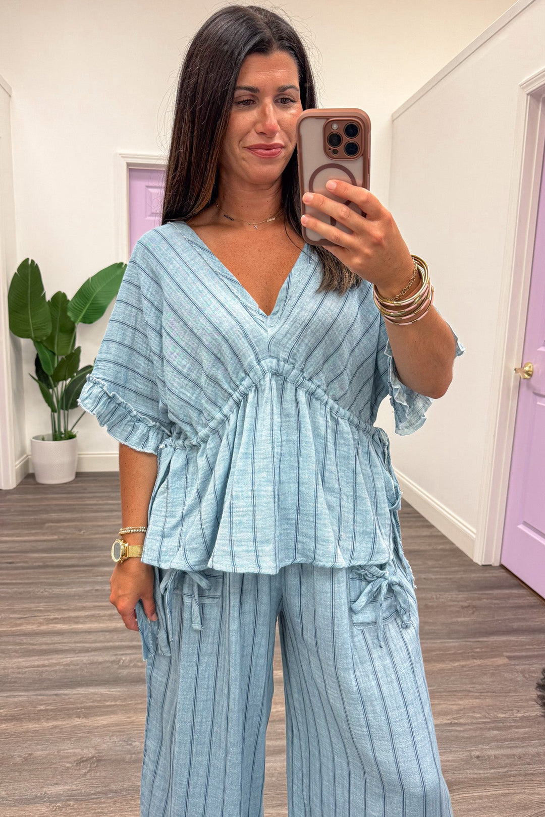 light blue with navy blue stripes drawstring cinch waist dolman sleeve top