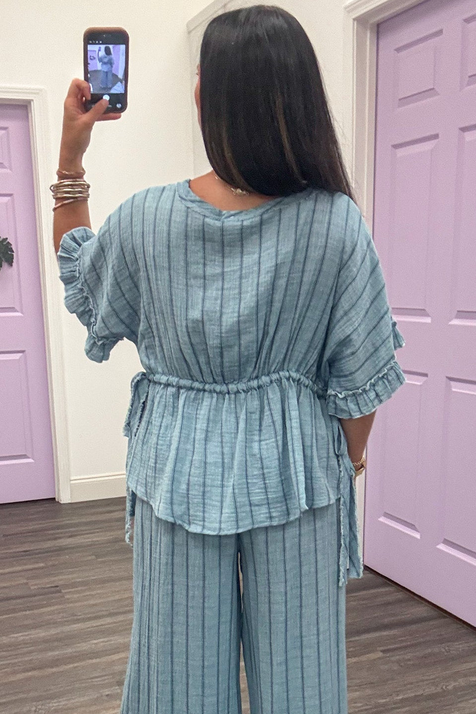 light blue with navy blue stripes drawstring cinch waist dolman sleeve cotton top