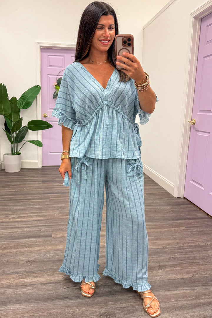 light blue with navy blue stripes ruffled bottom hem elastic waist wide leg pants