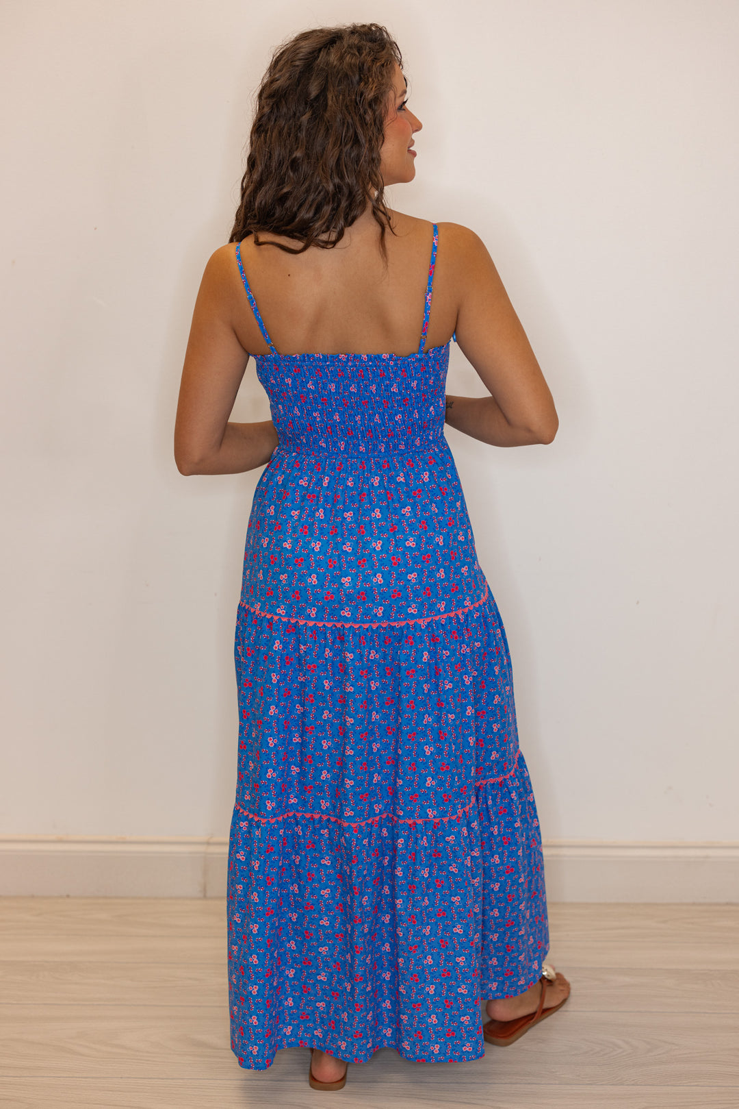 blue pink floral smocked tiered maxi