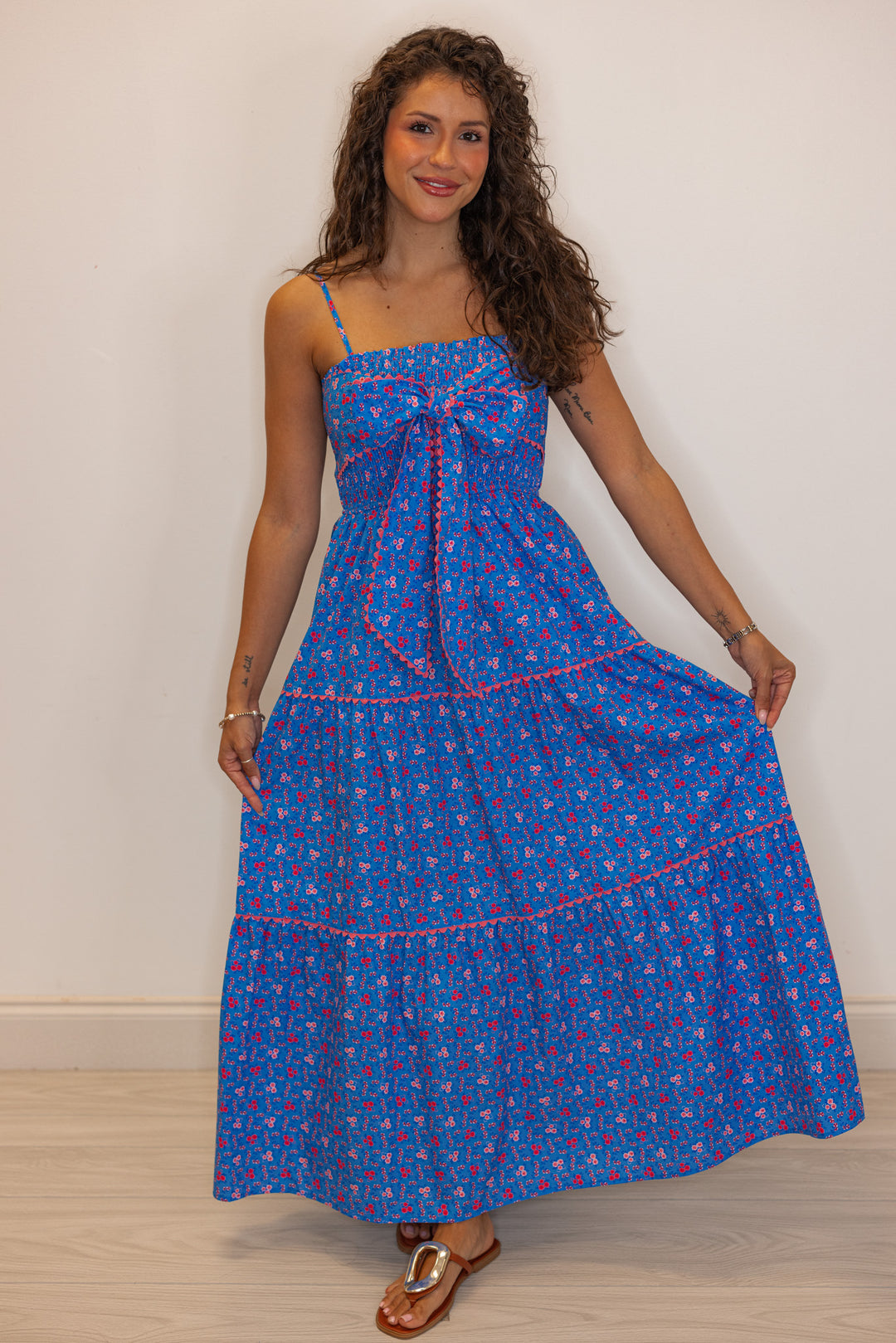 blue pink ricrac smocked tiered maxi dress