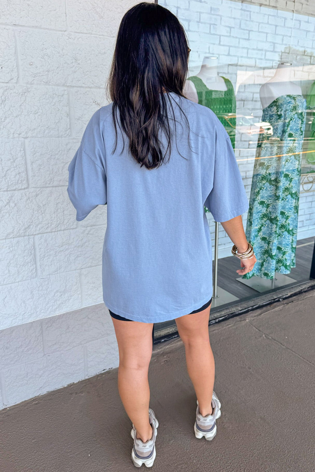 slate blue with pink and green lake days graphic print short sleeve cotton tee shirt