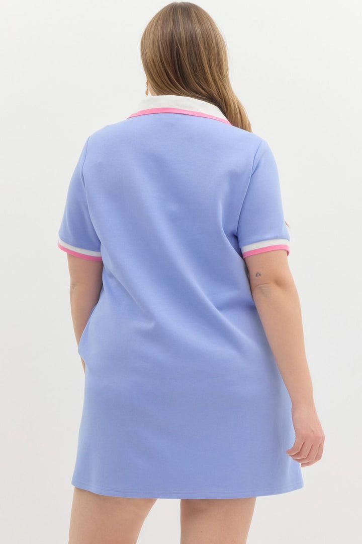 Entro Plus size Blue polo style knit dress with pink and white trim