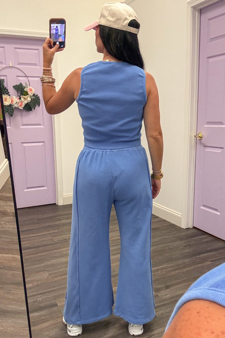 solid cornflower blue tank top and palazzo pants matching knit athleisure set