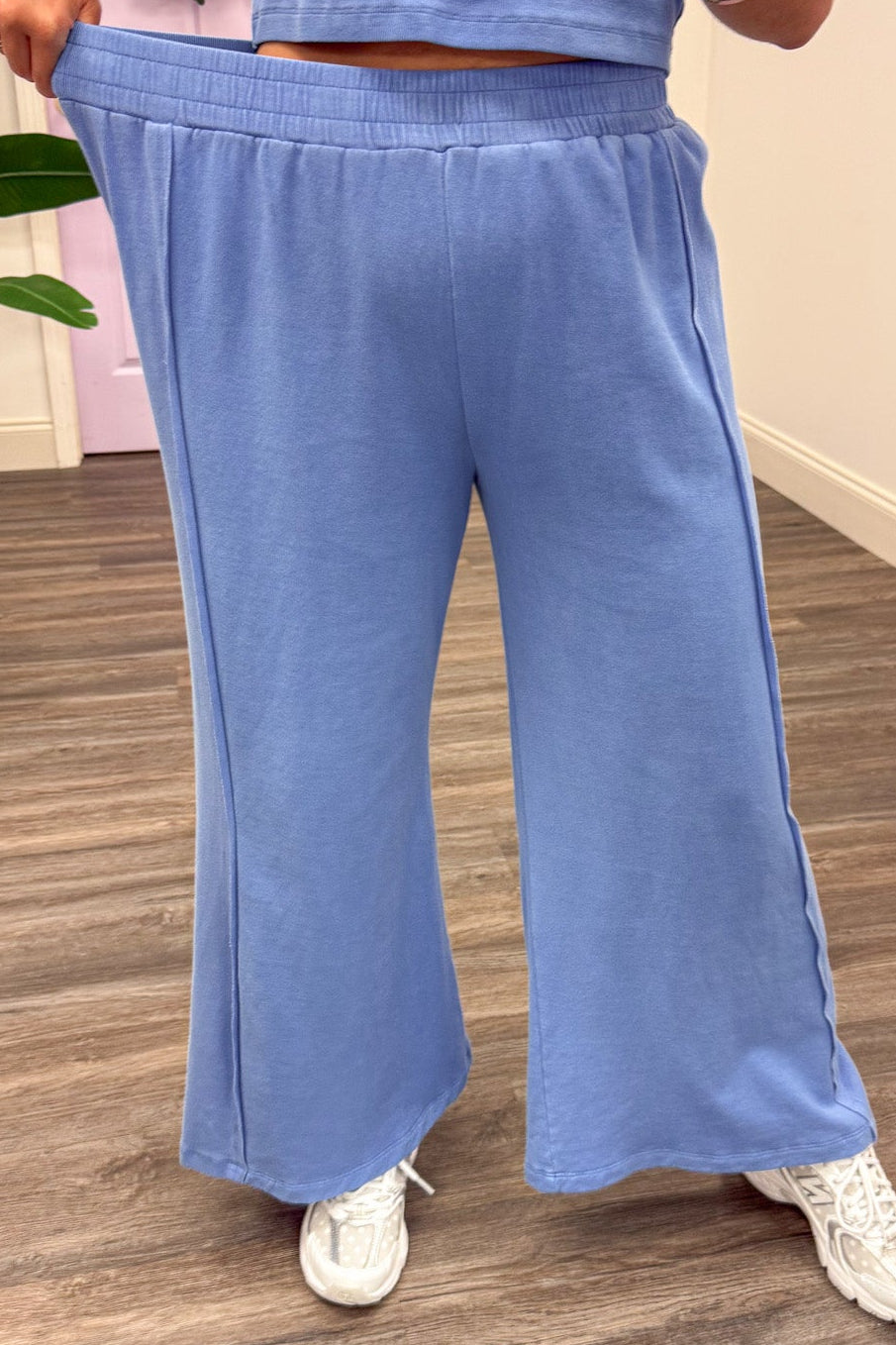 solid cornflower blue tank top and elastic waist palazzo pants matching knit loungewear set