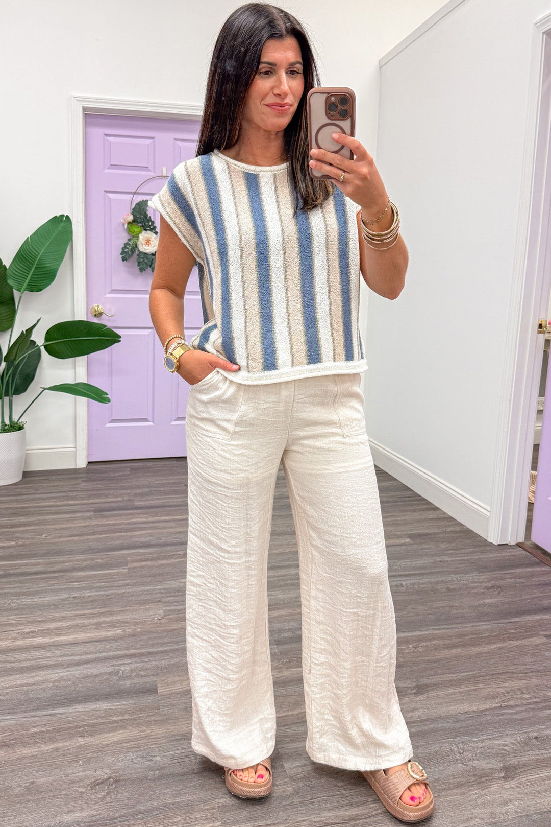 blue taupe and cream vertical striped short sleeve crew neckline lightweight knit top