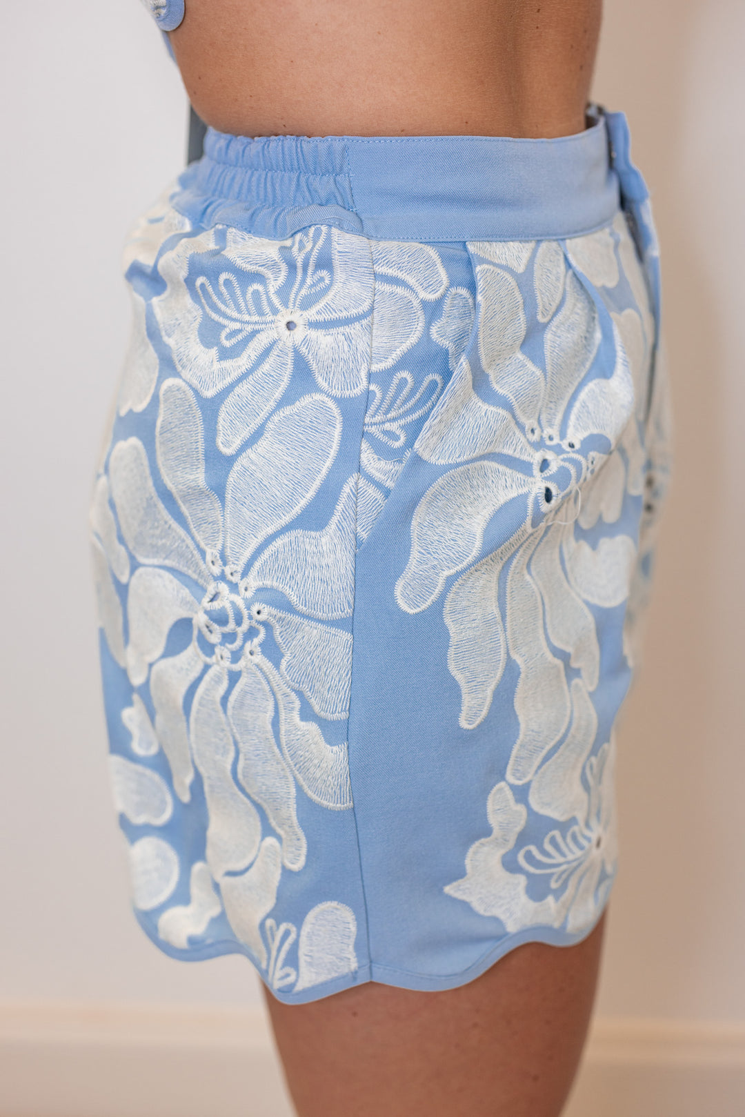blue white floral embroidered dressy shorts side