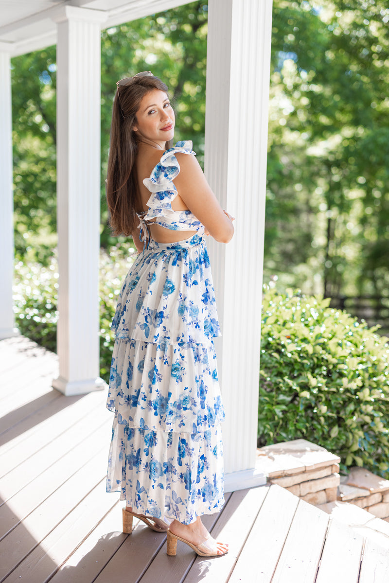 blue white chinoiserie satin maxi dress