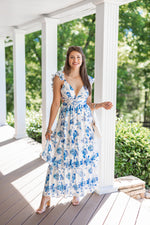 blue white chinoiserie satin maxi dress