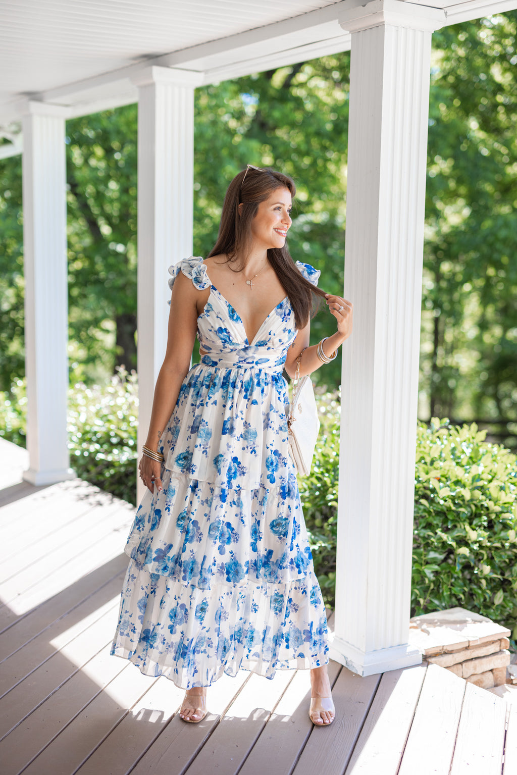 blue white chinoiserie satin maxi dress