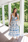 blue white chinoiserie satin maxi dress