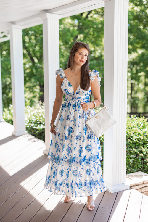 blue white chinoiserie satin maxi dress