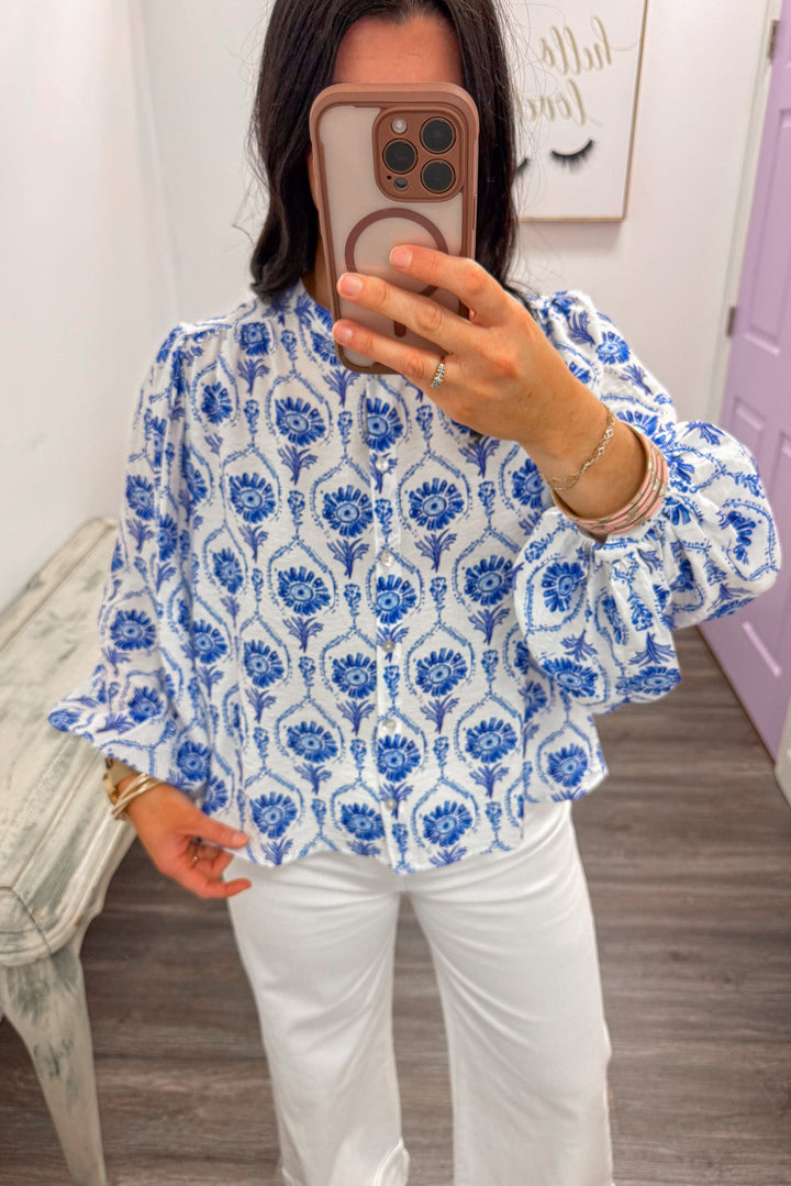 blue white floral printed sheer long sleeve relaxed fit dressy top