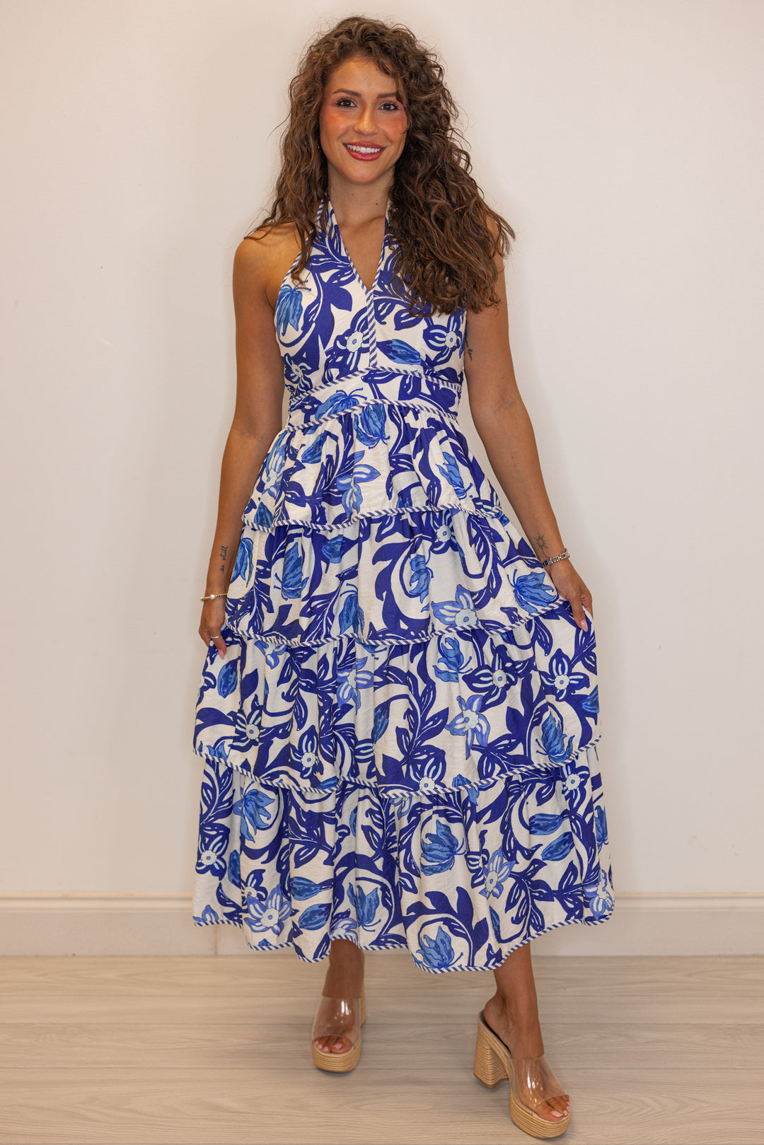blue white tropical print tiered halter midi dress