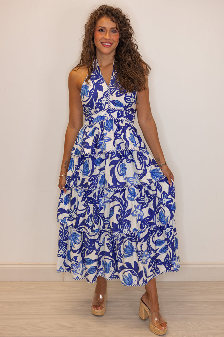 blue white tropical print tiered halter midi dress