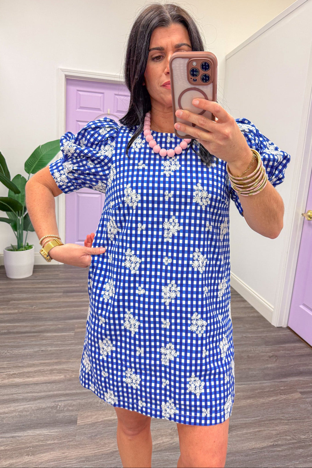 blue white gingham print floral embroidered puff sleeve crewneck shift dress