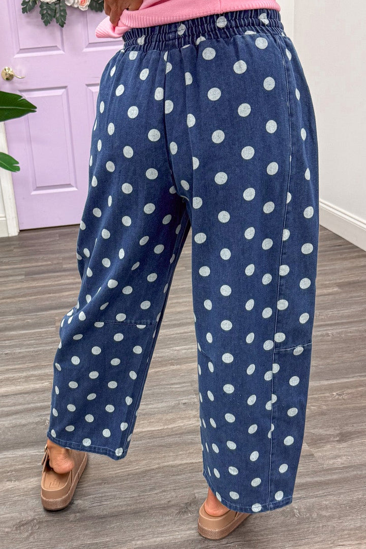 dark blue with off white polka dot print denim relaxed barrel leg pants