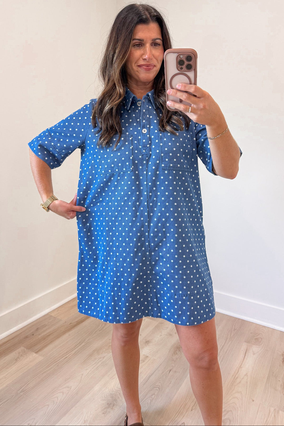 blue denim with white polka dot print short sleeve button front bodice relaxed silhouette mini dress