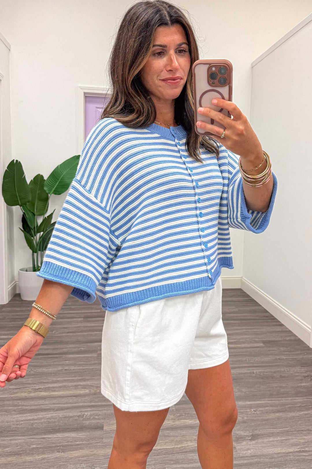 blue and off white striped drop shoulder half sleeve button front semi-cropped textured knit cardigan top