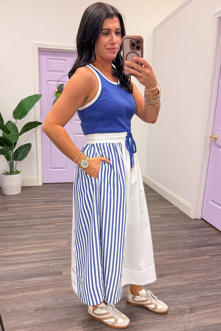 white and blue vertical striped colorblock midi dress side pockets