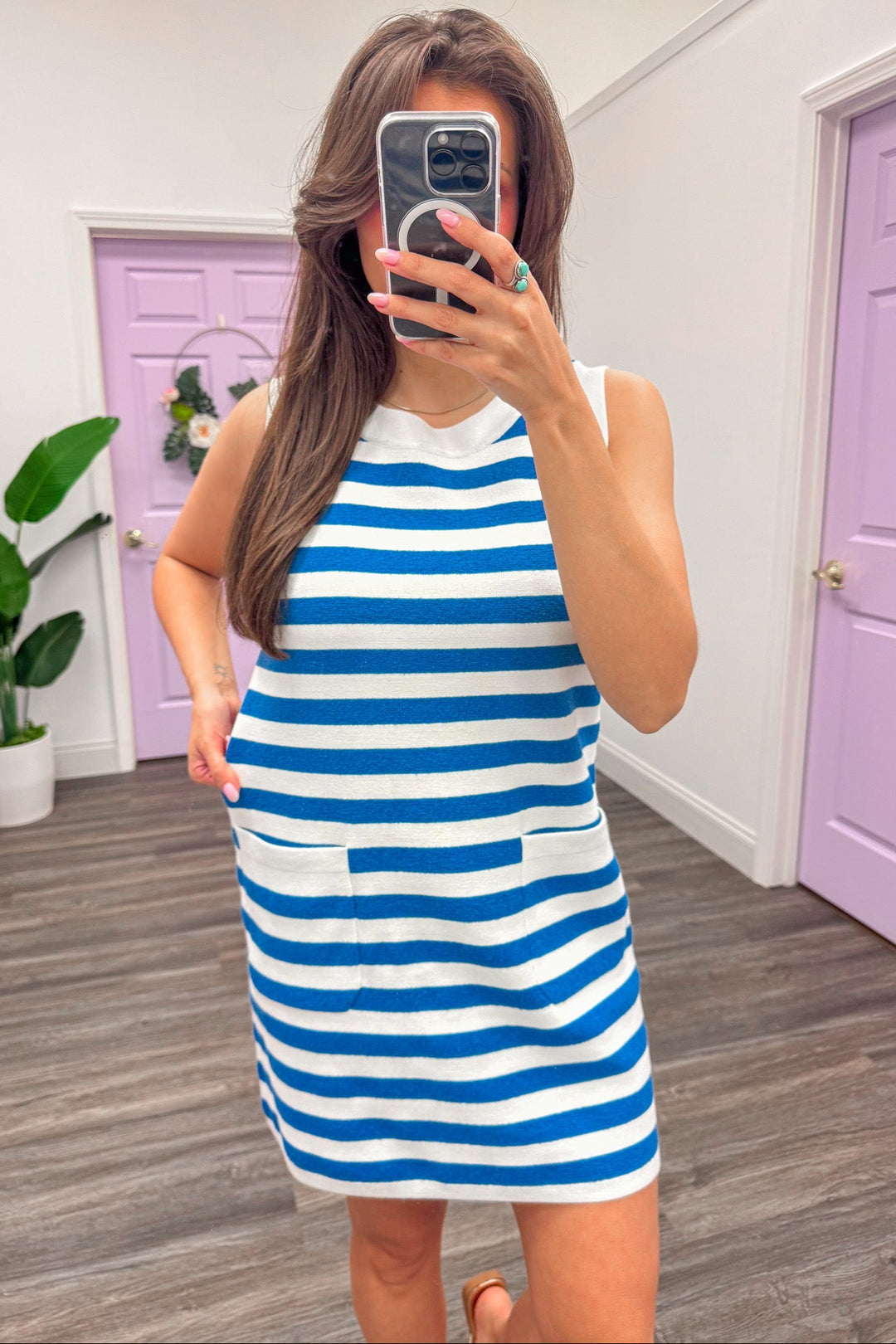 nautical blue and white horizontal striped knit short tank dress
